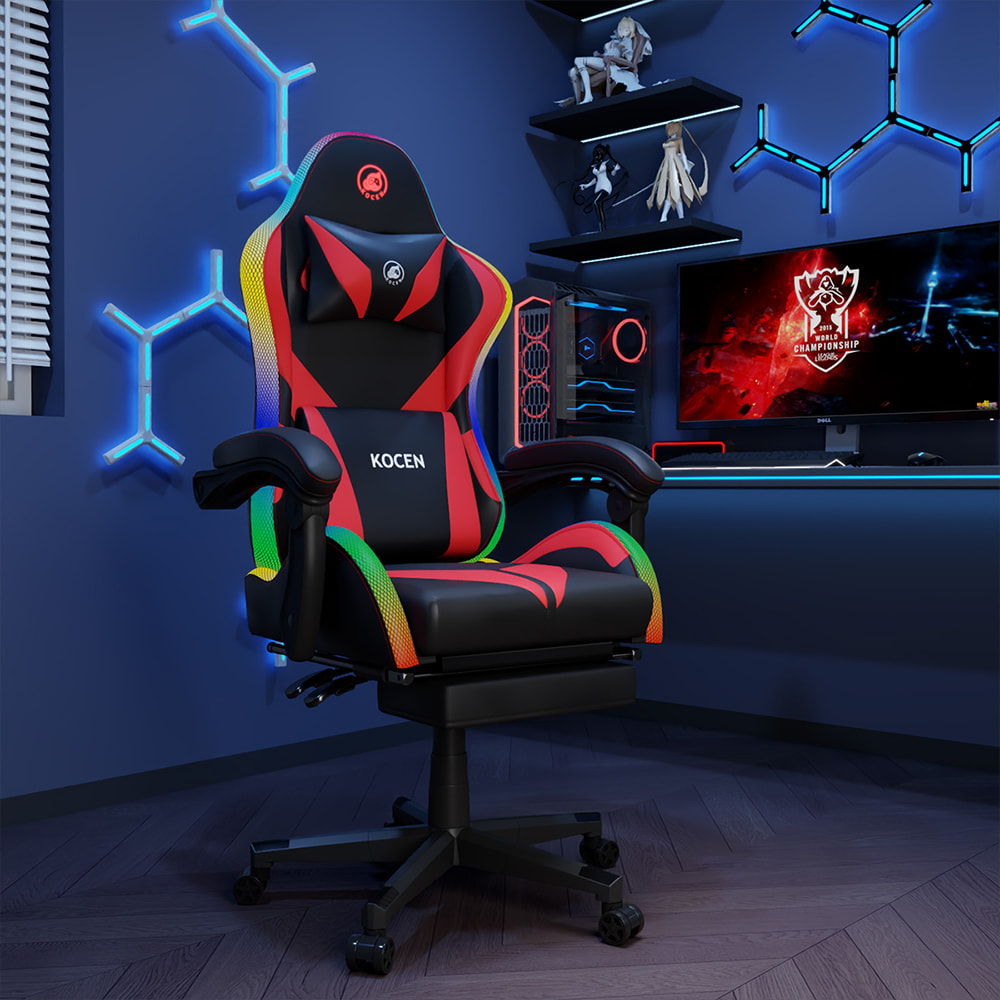 Kerusi Permainan Fabrik PU Kulit, Kerusi Esports Dengan Lampu RGB Boleh Laras Pelbagai Warna, Dikuasakan USB, Alat Kawalan Jauh
