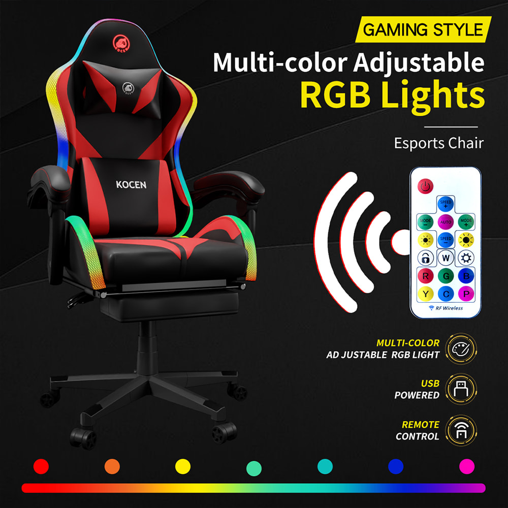 Kerusi Permainan Fabrik PU Kulit, Kerusi Esports Dengan Lampu RGB Boleh Laras Pelbagai Warna, Dikuasakan USB, Alat Kawalan Jauh