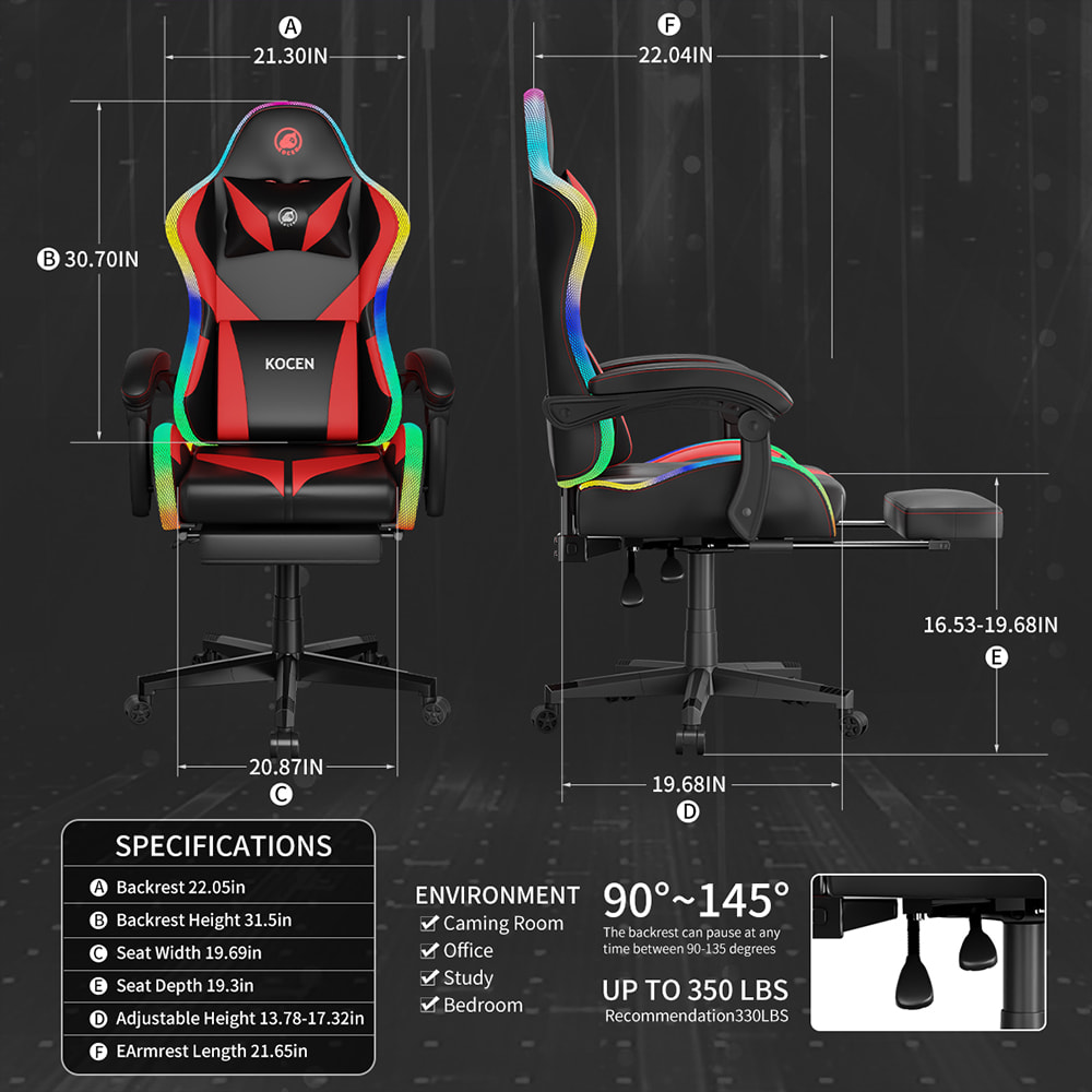 Kerusi Permainan Fabrik PU Kulit, Kerusi Esports Dengan Lampu RGB Boleh Laras Pelbagai Warna, Dikuasakan USB, Alat Kawalan Jauh